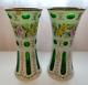 Pair Of Bohemian Czech Cased Glass Cut To Green Floral Painted Vases 10