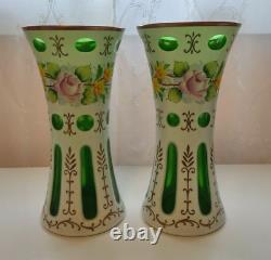 Pair of Bohemian Czech Cased Glass Cut to Green Floral Painted Vases 10