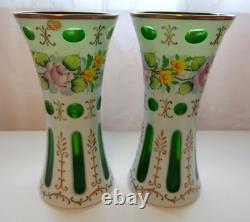 Pair of Bohemian Czech Cased Glass Cut to Green Floral Painted Vases 10