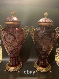 Pair of French Empire Cut Glass Amphora Lidded Vases Urns