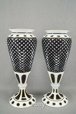 Pair of Josephinenhutte Bohemian White Cased Cut To Ruby & Gold Glass Vases