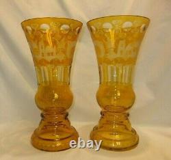 Pair of Vases Amber Cut to Clear Bohemian/Czech Art Glass approx. 12 tall