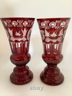 Pair of Vintage Bohemian Ruby Red Carved, Flash Cut and Etched 10 Glass Vases