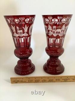 Pair of Vintage Bohemian Ruby Red Carved, Flash Cut and Etched 10 Glass Vases