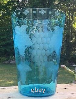Pairpoint Art Glass Marina Blue Vase with Grape Design Cut Etching Form #1158