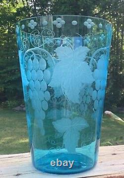 Pairpoint Art Glass Marina Blue Vase with Grape Design Cut Etching Form #1158