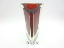 Poli Seguso Murano block cut sommerso faceted red & amber art glass vase +Label