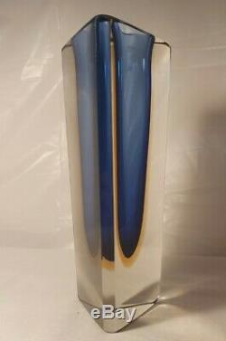 Poli Seguso era Murano block cut sommerso blue & amber glass vase RARE SHAPE