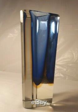 Poli Seguso era Murano block cut sommerso blue & amber glass vase RARE SHAPE