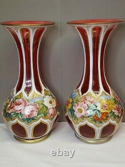 Pr. Antique Bohemia Cased Cut Cranberry Glass Vases withFlowers & Golden Accents