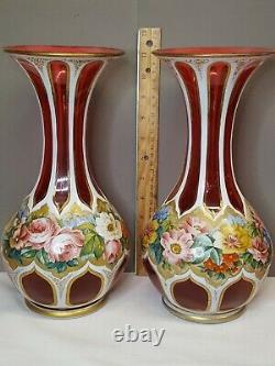 Pr. Antique Bohemia Cased Cut Cranberry Glass Vases withFlowers & Golden Accents
