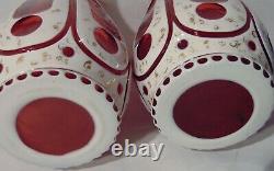 Pr. Cranberry Ruby Bohemian Moser Cut to Clear White Crystal Vases Cased Glass