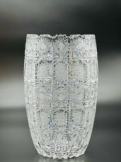 Queen's Lace 24% Crystal Clear Tall Vase Hobstar & Spear Cuts Bohemian Czech