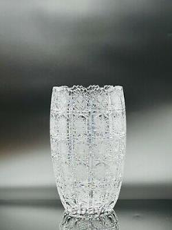 Queen's Lace 24% Crystal Clear Tall Vase Hobstar & Spear Cuts Bohemian Czech