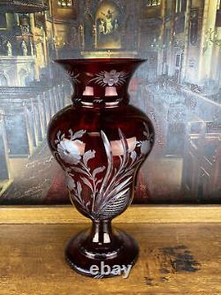 RARE 16 Massive Bohemian Crane & Flower Etched Glass Ruby Red Cut to Clear Vase