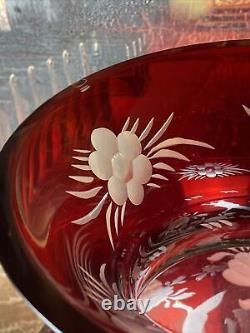 RARE 16 Massive Bohemian Crane & Flower Etched Glass Ruby Red Cut to Clear Vase