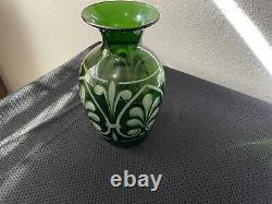 RARE 1920 Antique, Signed LIBBEY Cut To Clear, Green Glass Vase