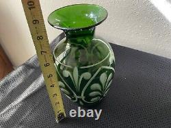 RARE 1920 Antique, Signed LIBBEY Cut To Clear, Green Glass Vase