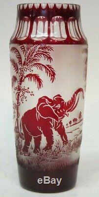 RARE Moser Cameo Ruby Art Glass Elephant Vase Cut to Clear & Frosted Animor