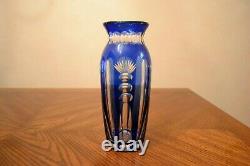 RARE Vtg VAL SAINT LAMBERT Belgium Cobalt Blue Cut To Clear Crystal Vase 8 1/4