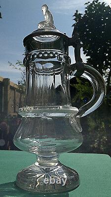 Rare 1878 Antique German Bohemian Cut Glass Beer Stein Fawn/Bacchus Glass Finial