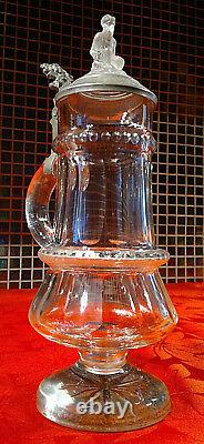 Rare 1878 Antique German Bohemian Cut Glass Beer Stein Fawn/Bacchus Glass Finial