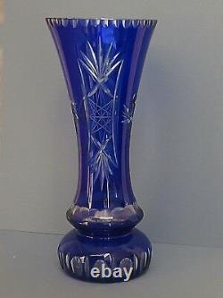 Rare Bohemian Crystal Pinwheel Cut To Clear Cobalt Blue Vase-14 Tall