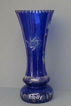 Rare Bohemian Crystal Pinwheel Cut To Clear Cobalt Blue Vase-14 Tall