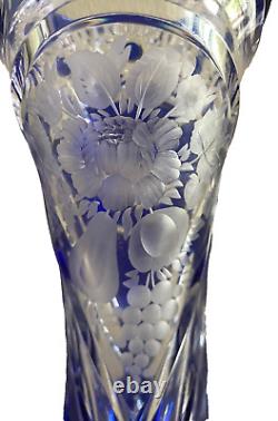 Rare Cobalt Cut to Clear Glass Crystal Vase Fruit Flower Etchings 8.25