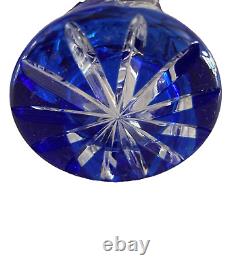 Rare Cobalt Cut to Clear Glass Crystal Vase Fruit Flower Etchings 8.25
