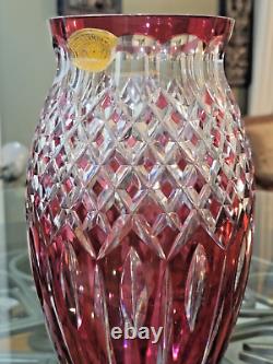 Rare Val St Lambert Large Cranberry Rub Cut2Clear Crystal Vase Signed 12