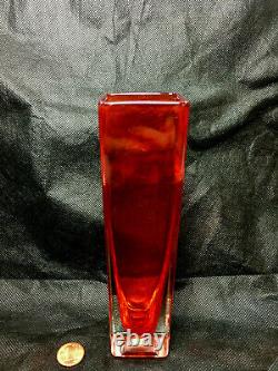 Red and Clean Glass Square Block Cut Vase 7 Chadwick Mid Century MCM