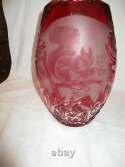 Ruby Red Cut to Clear Crystal Vase Czech-Bohemian with Etched Squirrel 12 inches