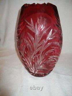 Ruby Red Cut to Clear Crystal Vase Czech-Bohemian with Etched Squirrel 12 inches