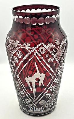 Ruby Red Glass cut to Clear pattern with Dancers Egermann Czech Bohemian