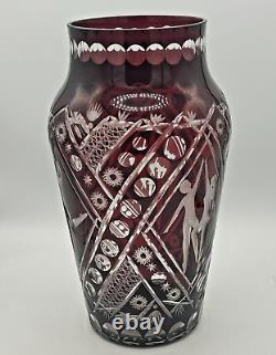 Ruby Red Glass cut to Clear pattern with Dancers Egermann Czech Bohemian