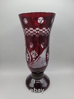 Ruby Red Stained Glass Vase Cut To Clear Design 9.5