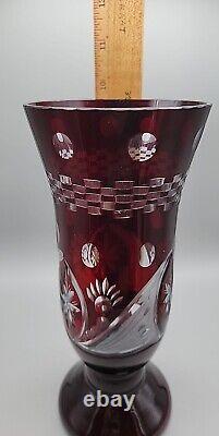 Ruby Red Stained Glass Vase Cut To Clear Design 9.5