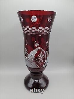 Ruby Red Stained Glass Vase Cut To Clear Design 9.5