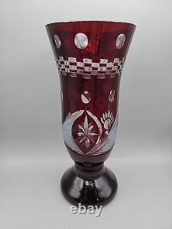 Ruby Red Stained Glass Vase Cut To Clear Design 9.5