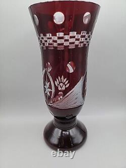 Ruby Red Stained Glass Vase Cut To Clear Design 9.5