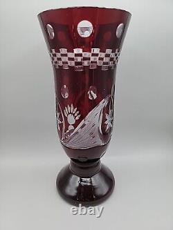 Ruby Red Stained Glass Vase Cut To Clear Design 9.5