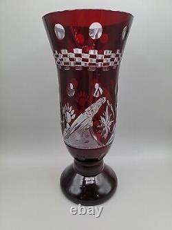 Ruby Red Stained Glass Vase Cut To Clear Design 9.5