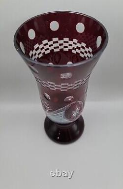 Ruby Red Stained Glass Vase Cut To Clear Design 9.5