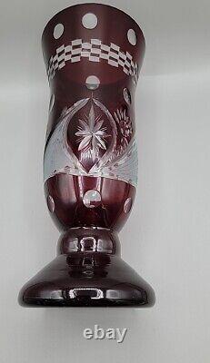 Ruby Red Stained Glass Vase Cut To Clear Design 9.5