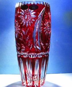SCHONBORNER Red Crystal Vase Hand Cut to Clear Overlay Cased Glass Germany