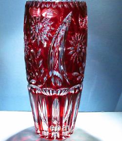 SCHONBORNER Red Crystal Vase Hand Cut to Clear Overlay Cased Glass Germany