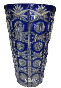 STUNNING Bohemian Czech Cobalt Blue 8 Cut to Clear Glass Crystal Vase RARE