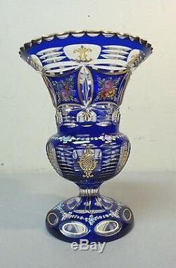 STUNNING COBALT CUT-TO-CLEAR MOSER BOHEMIAN 7.25 ENAMELED CRYSTAL VASE, c. 1880s