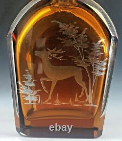 STUNNING cut to clear Moser Bohemian engraved amber glass decanter stag deer